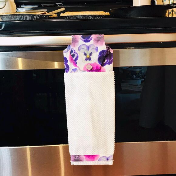 Hanging Kitchen Towel: Bright Purple Pansies Topper, Button Closure - Picture 7 of 7